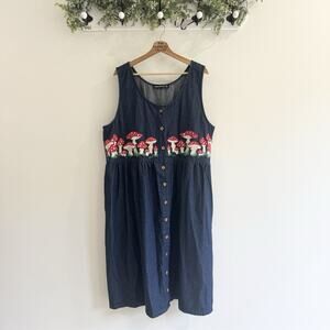 Dangerfield sleeveless denim dress with embroidered mushrooms Plus Size 20